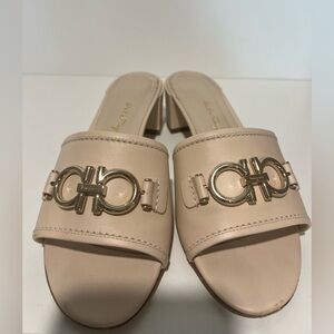 Salvatore Ferragamo Women's Beige Mules with Gold Accents